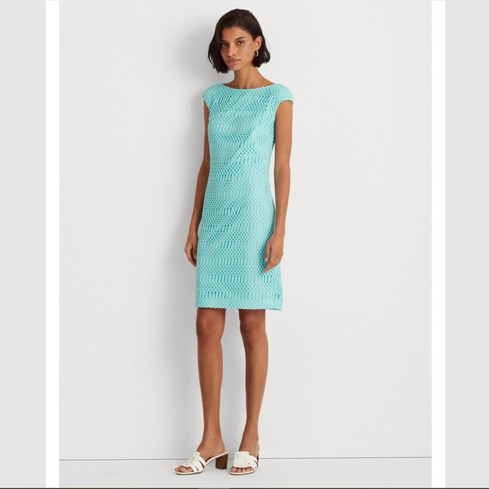 LRL Lattice Lace Cap Sleeve Dress, Bright Aqua Blue